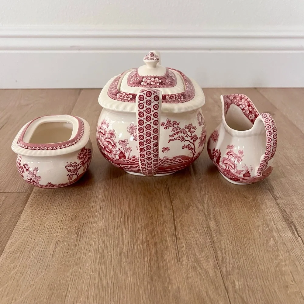 Spode England “ Pink Tower “ 5 Cup Teapot, Creamer, Sugar‎ Bowl Set - Vintage